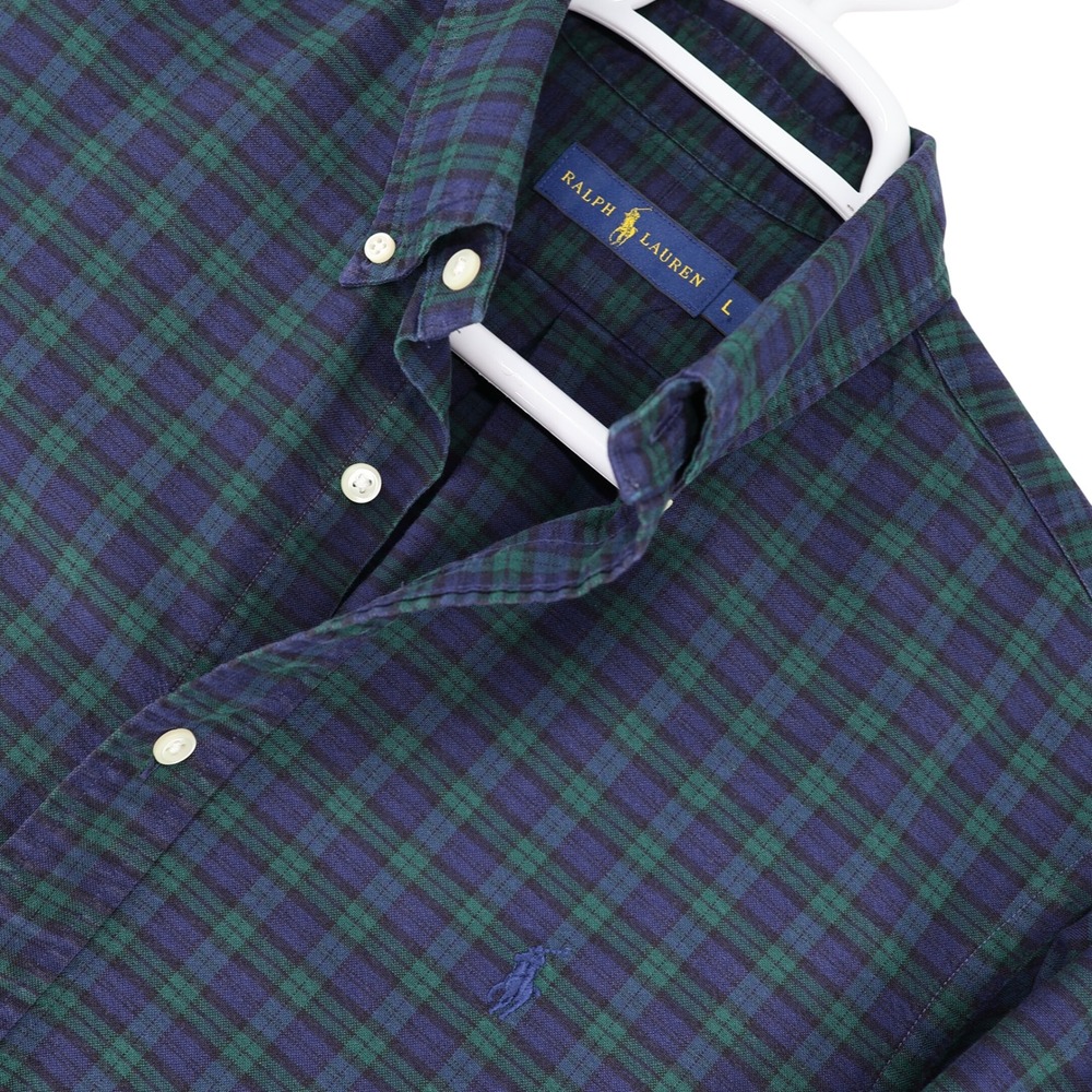 Ralph Lauren Mens Large Plaid Button Down Shirt Navy Green Tartan Long Sleeve L